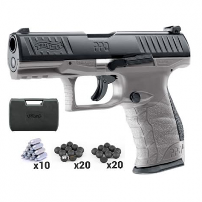 STARTER PACK Pistolet WALTHER PPQ M2 T4E Tungsten Grey cal.43 type gomme cogne / avec mallette 