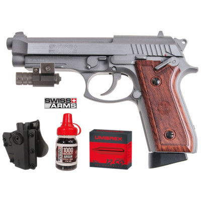 Pack Complet Pistolet SA 92 SWISS ARMS Stainless Co2 1,6J cal. BBs 4.5mm