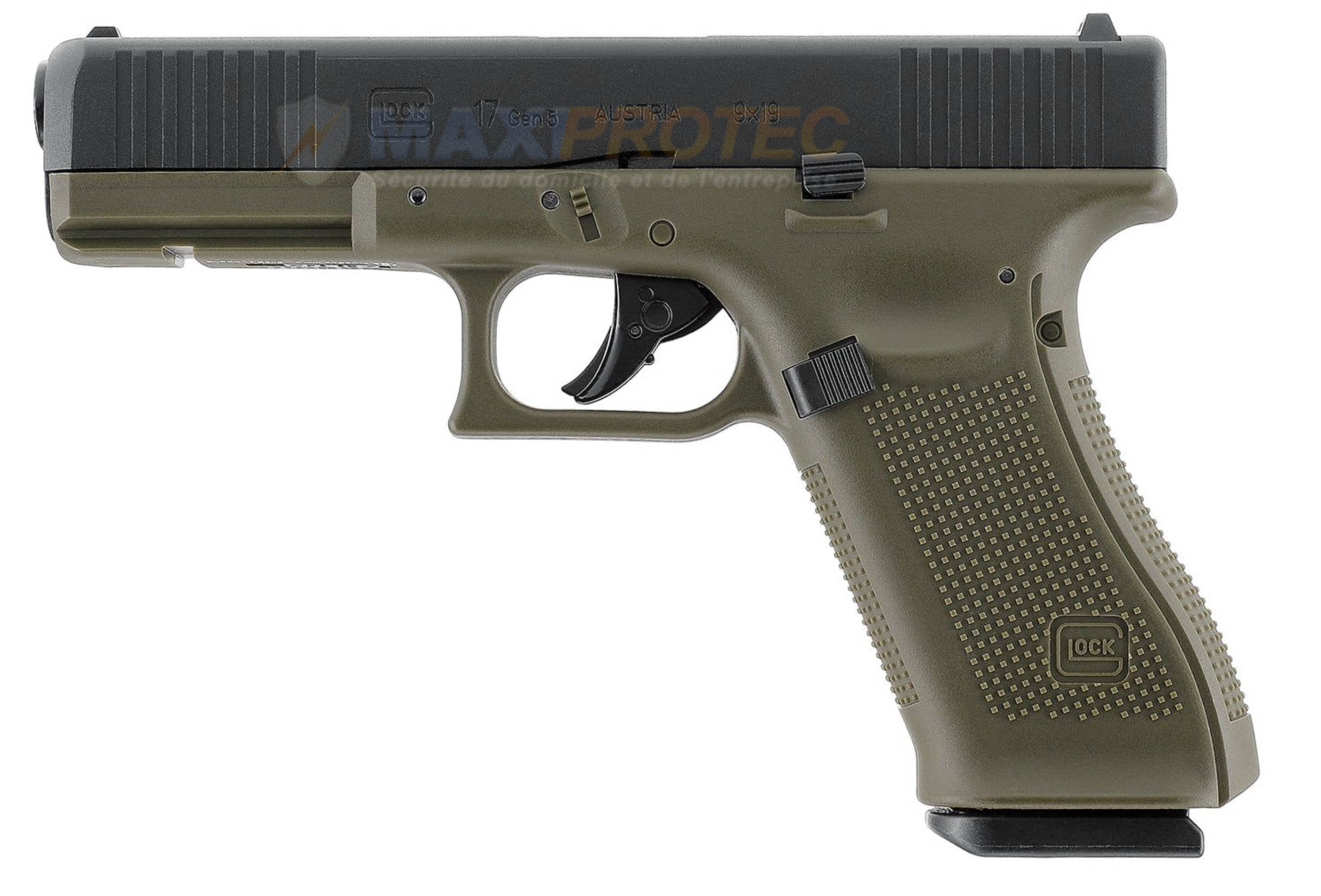 Vue latérale du Glock 17 Gen5 en couleur Battlefield Green