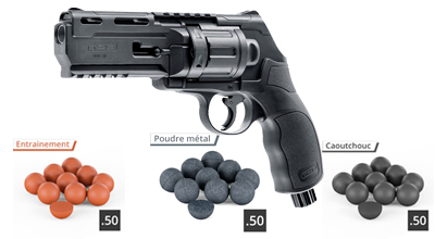 PACK REVOLVER DE DEFENSE UMAREX T4E HDR50 AVEC LASER INTEGRE CAL.50 TR50L  11JOULES+MALLETTE+100BILLES+CO2